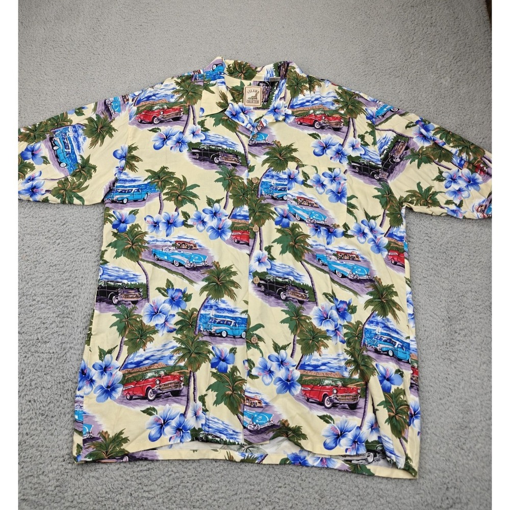 Island Collection Hawaiian Shirt Mens XL Cars Floral Button Up Rayon Yellow Blue